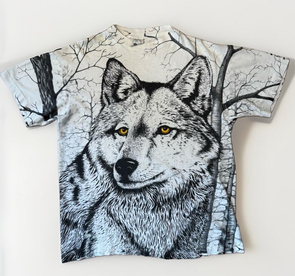 Vintage Wolf Shirt Large Multicolor 90s Nature All Over Print Liquid Blue